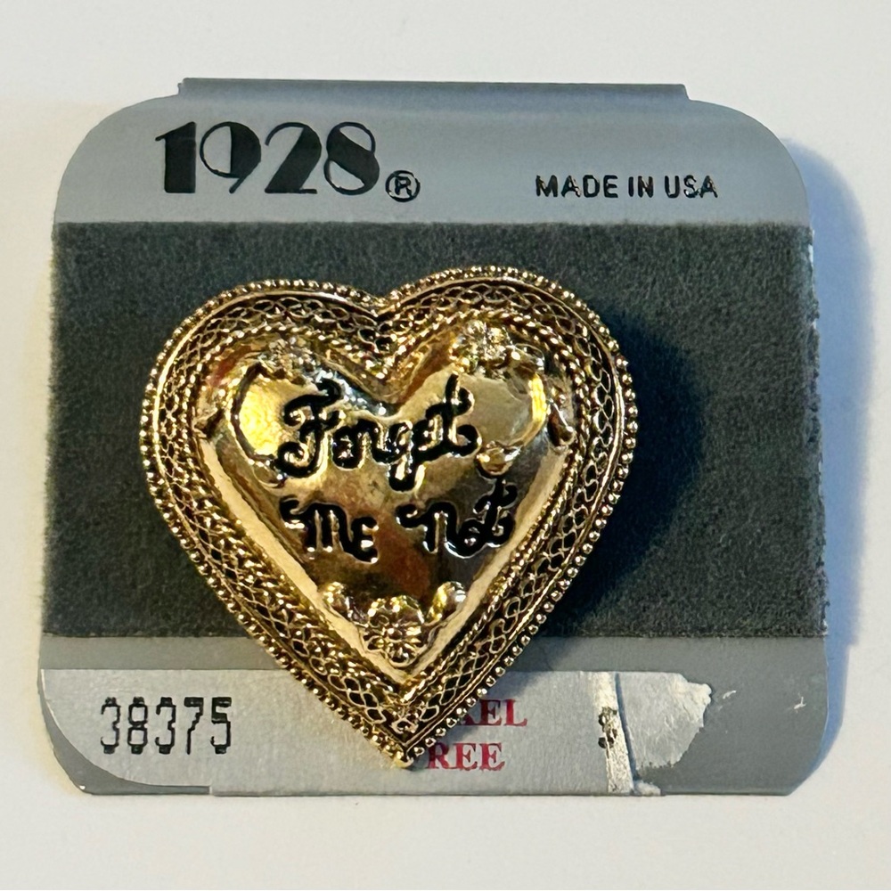 1928 Forget Me Not Heart Valentine Gold Tone Brooch Romantic Pin (NWT)